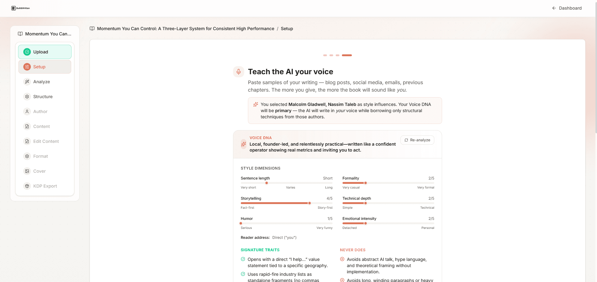 Built&Written Voice DNA: paste writing samples to train the AI on your author voice and writing style