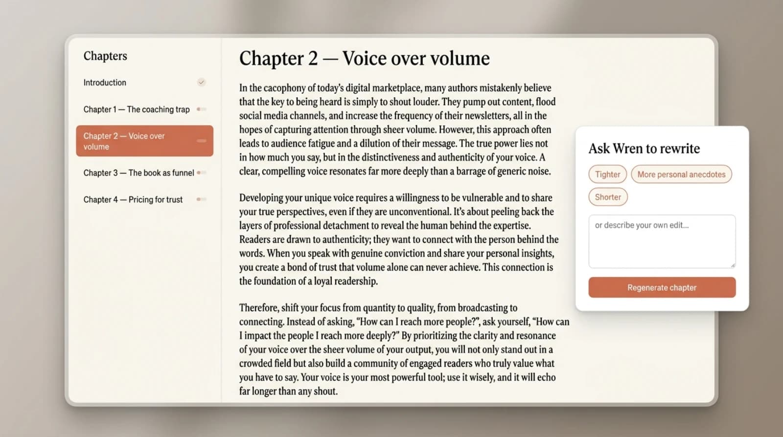 Editor de Built&Written mostrando un capitulo abierto para regeneracion