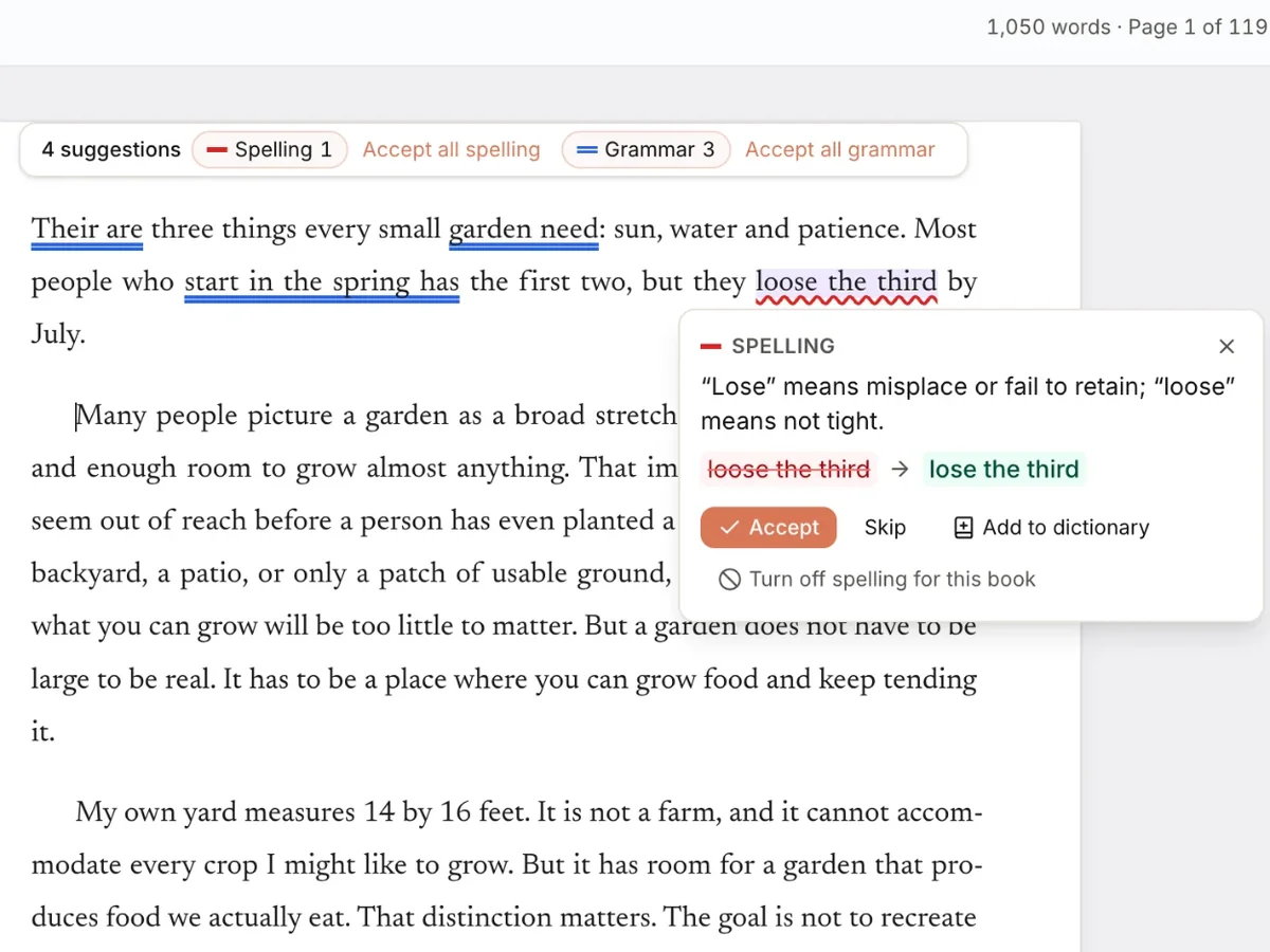 A spelling suggestion with Accept and Skip buttons