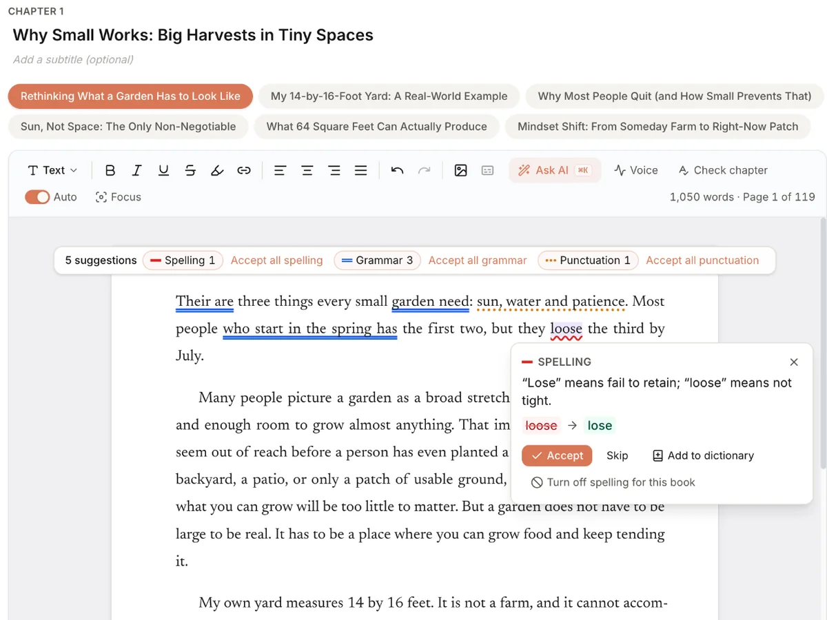The editor's text check with five suggestions marked in a chapter and a spelling fix open