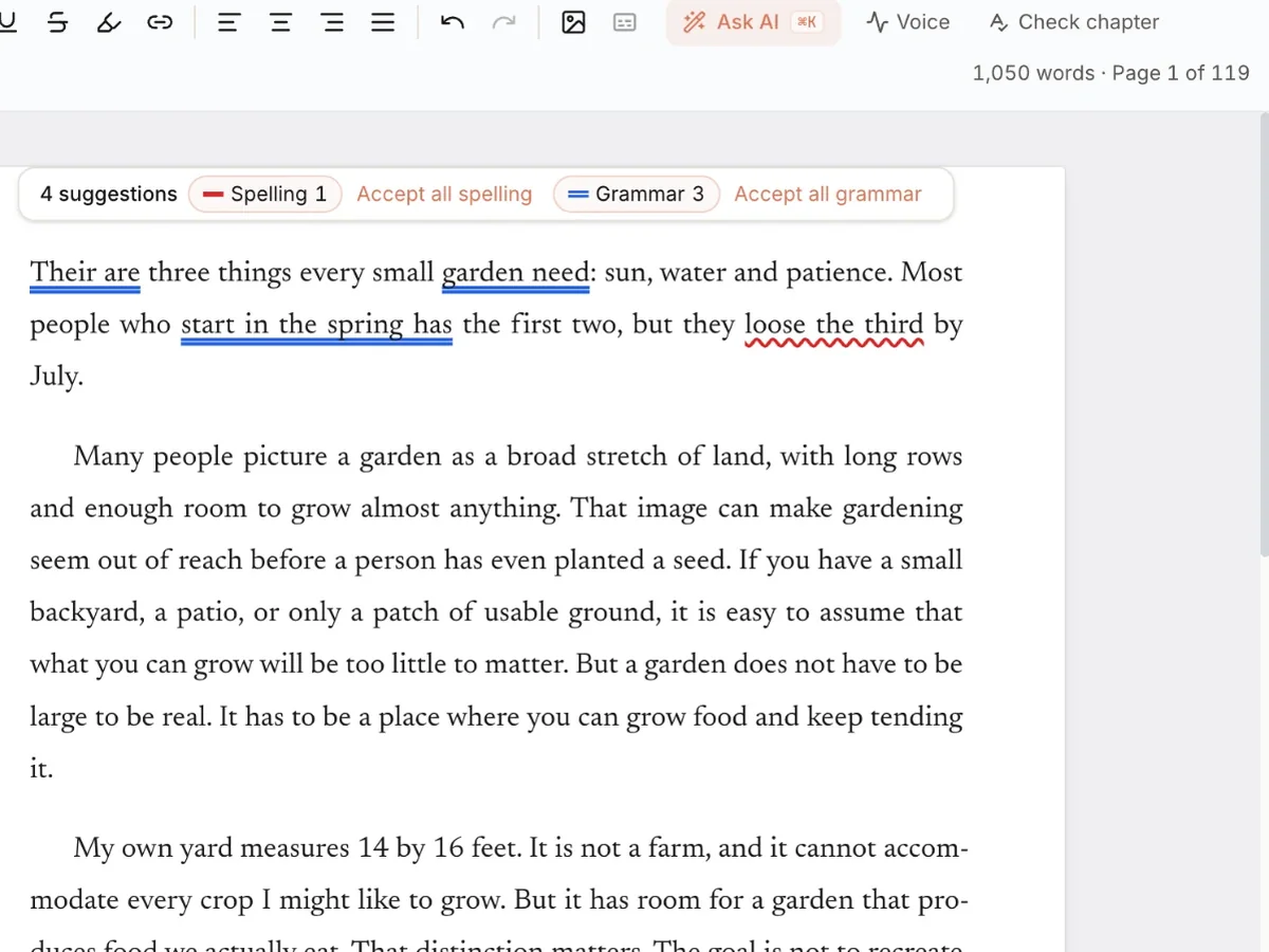 Text check suggestions marked in a paragraph