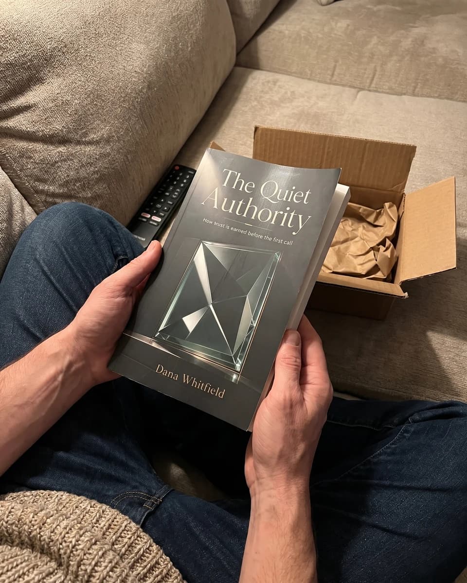 Zwei Hände halten ein gedrucktes Exemplar von The Quiet Authority auf einem Sofa, daneben der geöffnete Versandkarton