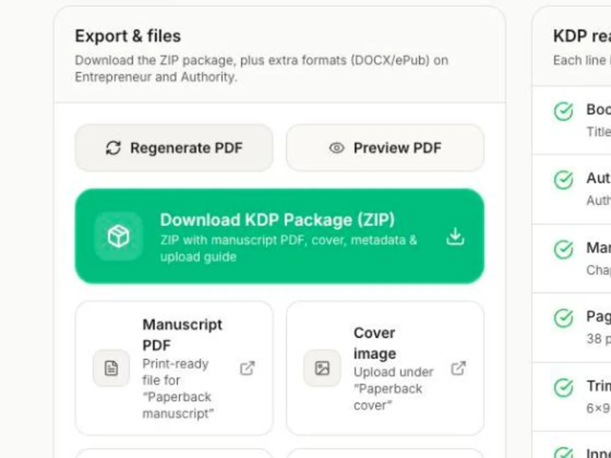 The export panel with the EPUB download