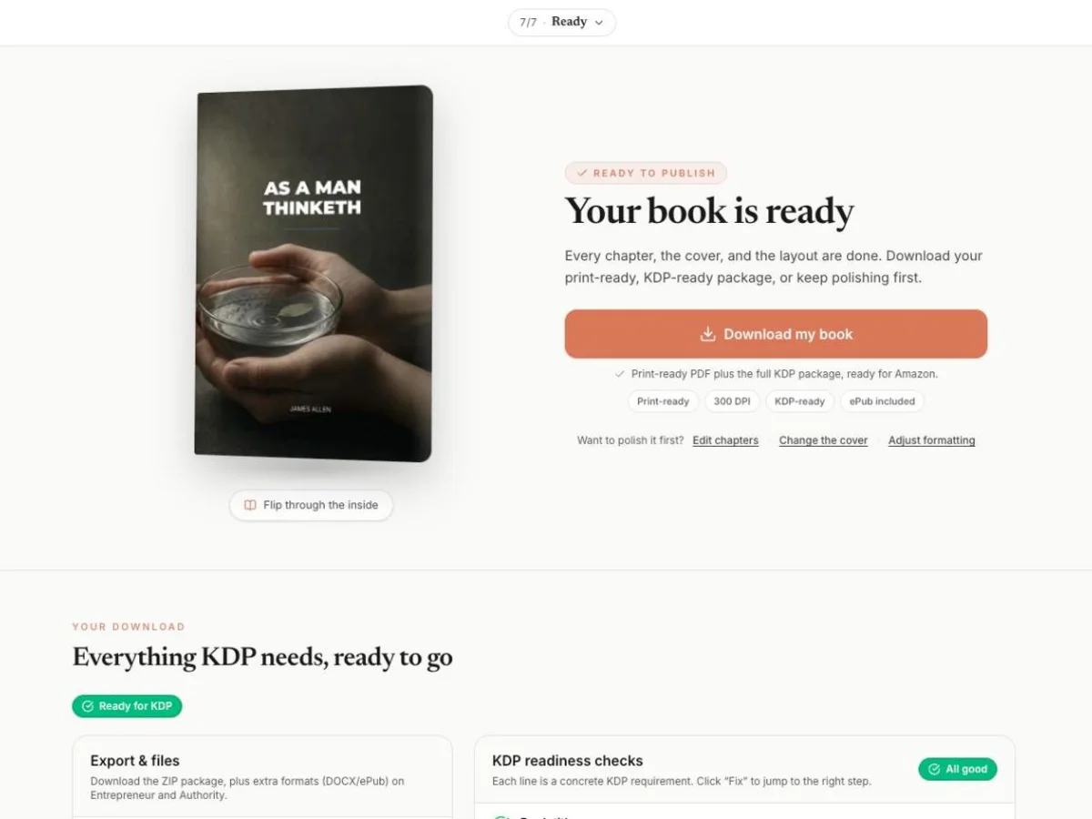 The Ready screen with the sample book and the download button