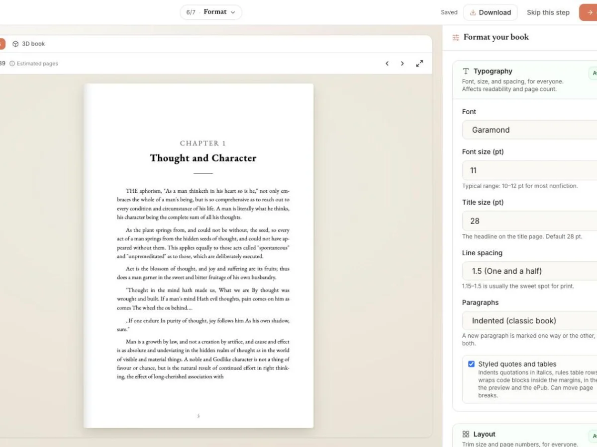 The format step with typography settings beside a live page preview