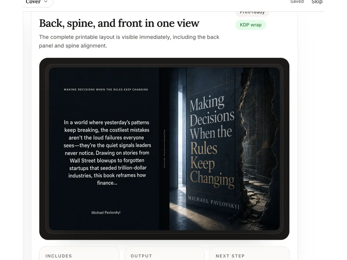 The cover step showing the back, spine and front of a book cover