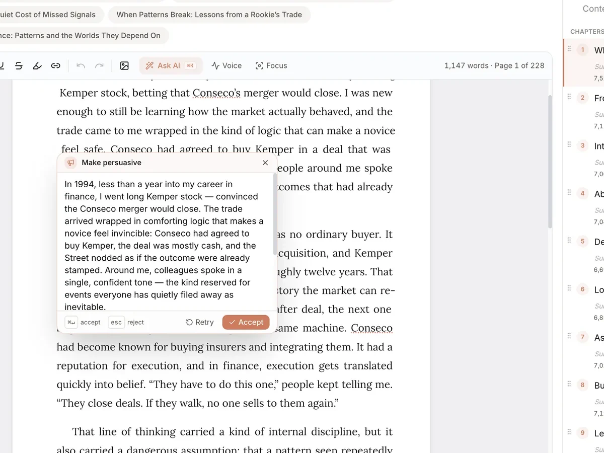 The editor with the chapter list beside the text