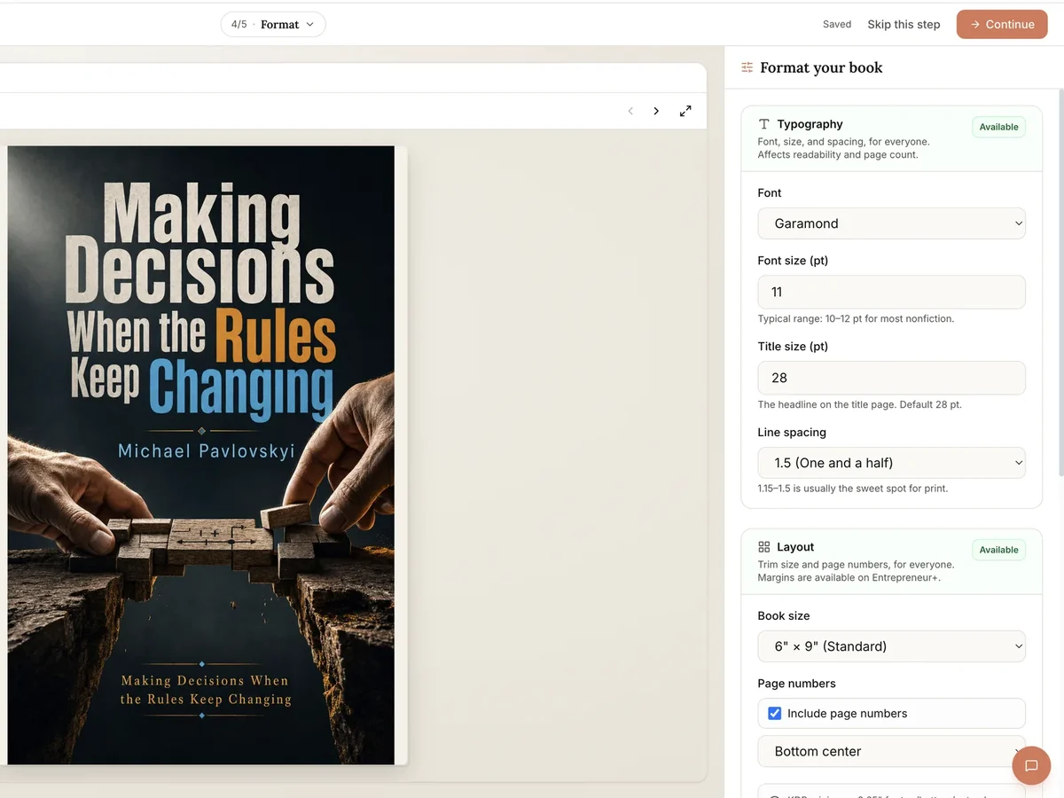 The format step with a book preview and font settings