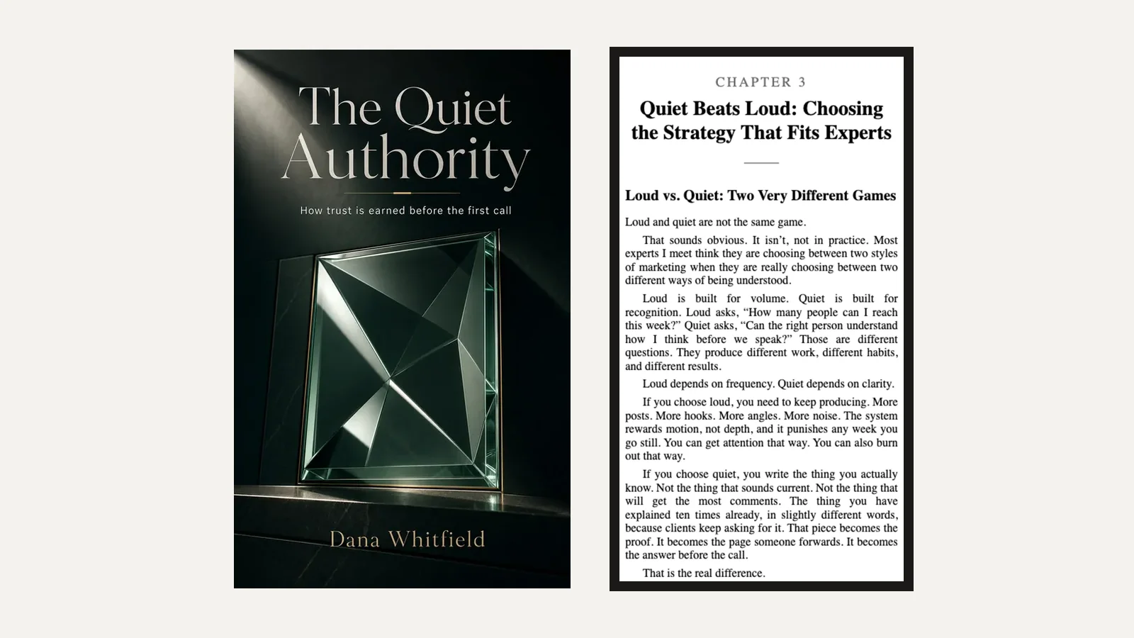 The ebook cover of the sample book beside chapter 3 of its EPUB on a phone screen