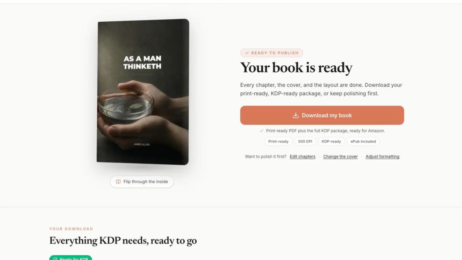 The Ready screen with the formatted sample book, As a Man Thinketh, and its download button