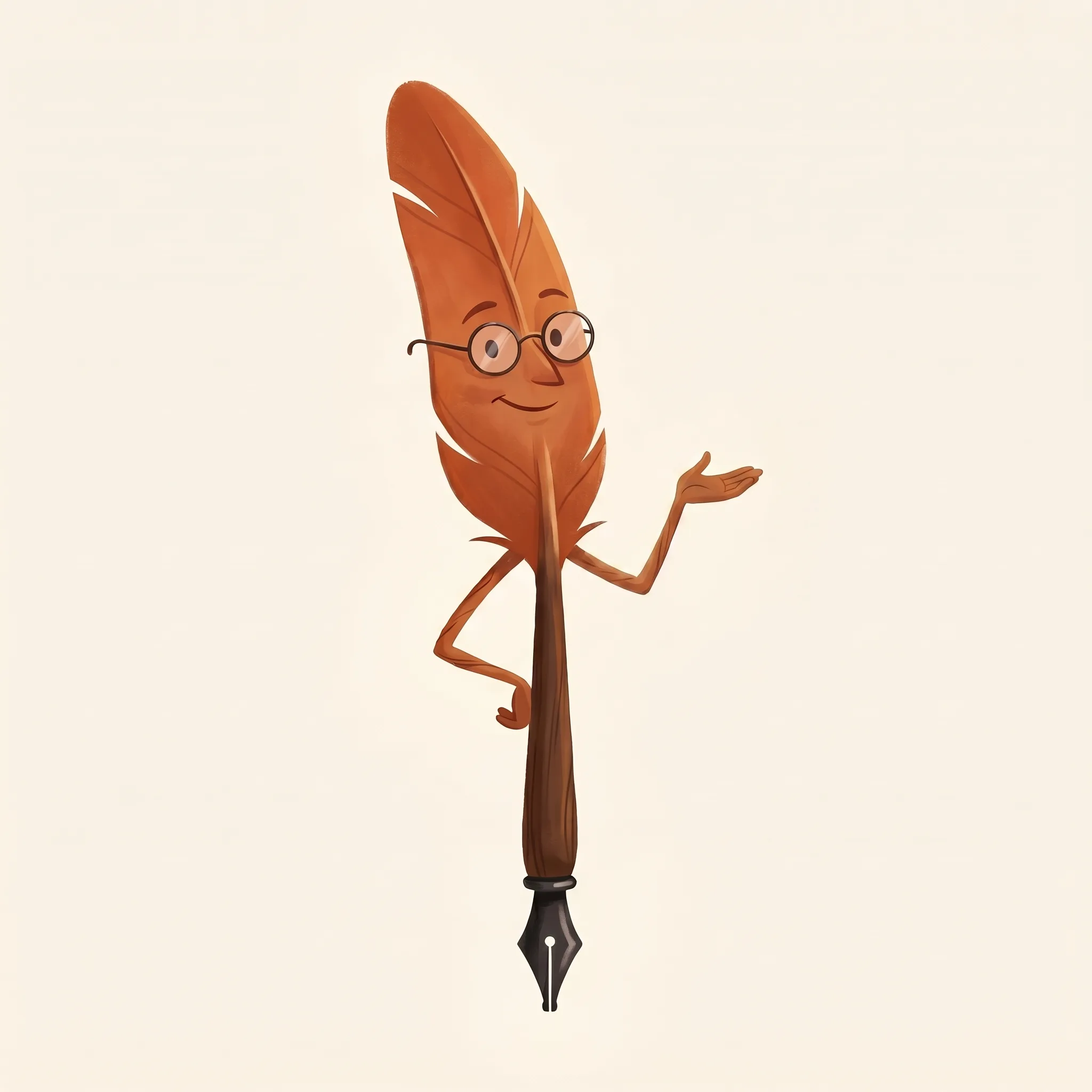 Wren, your writing companion — a friendly anthropomorphic quill pen with reading glasses