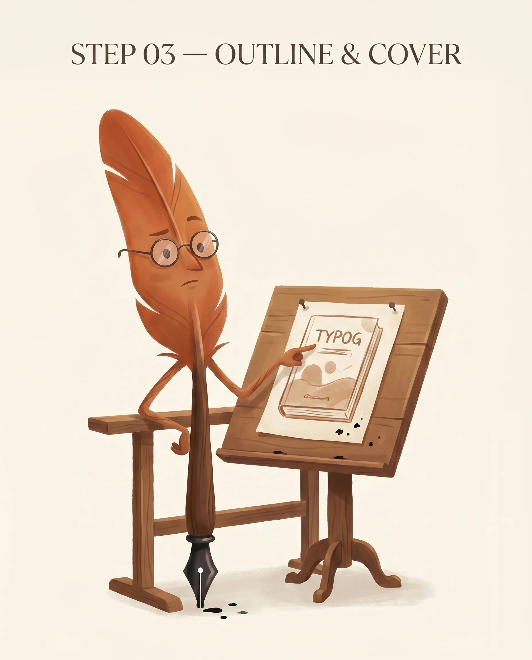Wren ante un caballete de dibujo inclinado, señalando con aire pensativo el boceto de una portada de libro en progreso