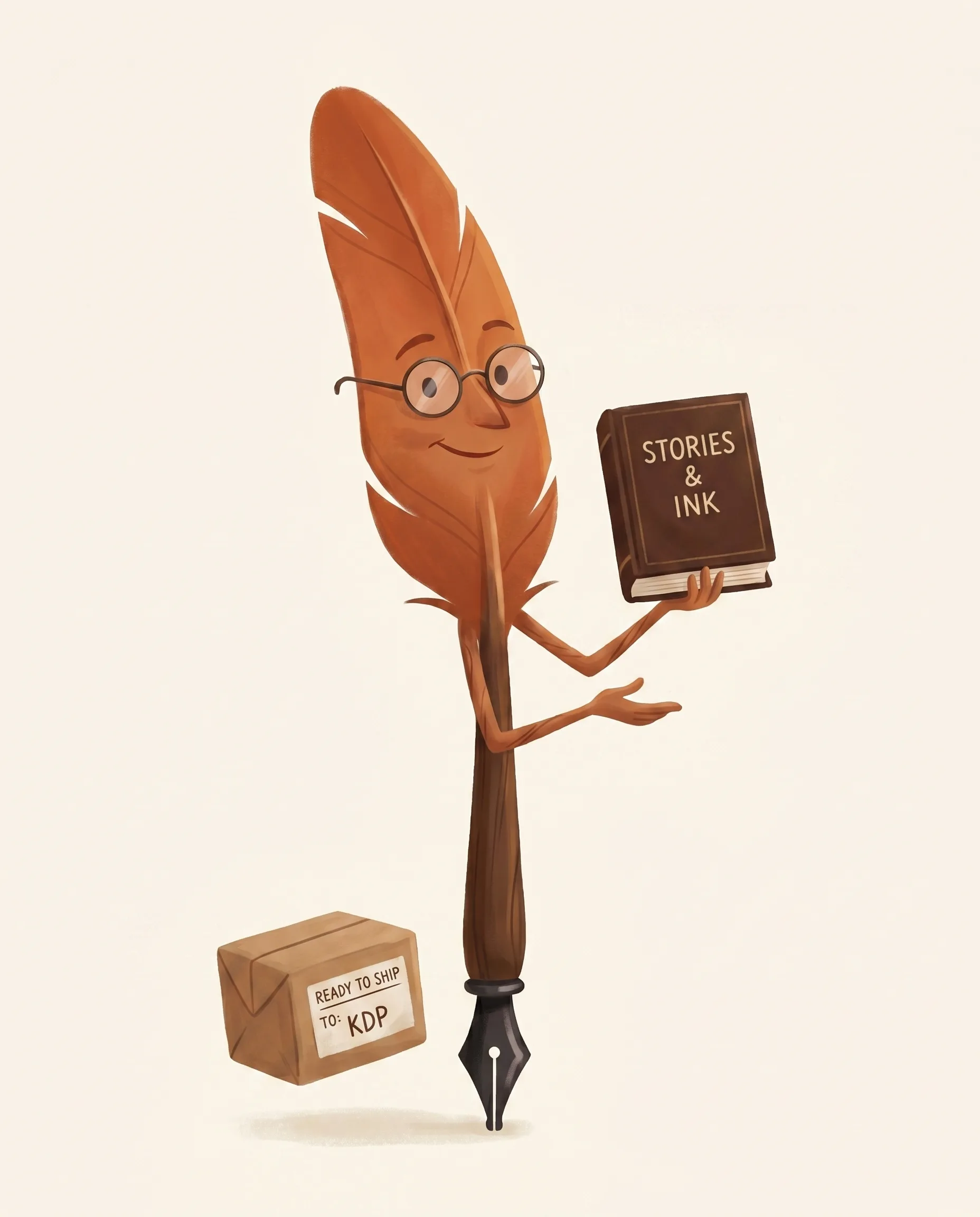 Wren presentando con orgullo un libro de tapa dura terminado a la altura del pecho, con una etiqueta de envío a sus pies