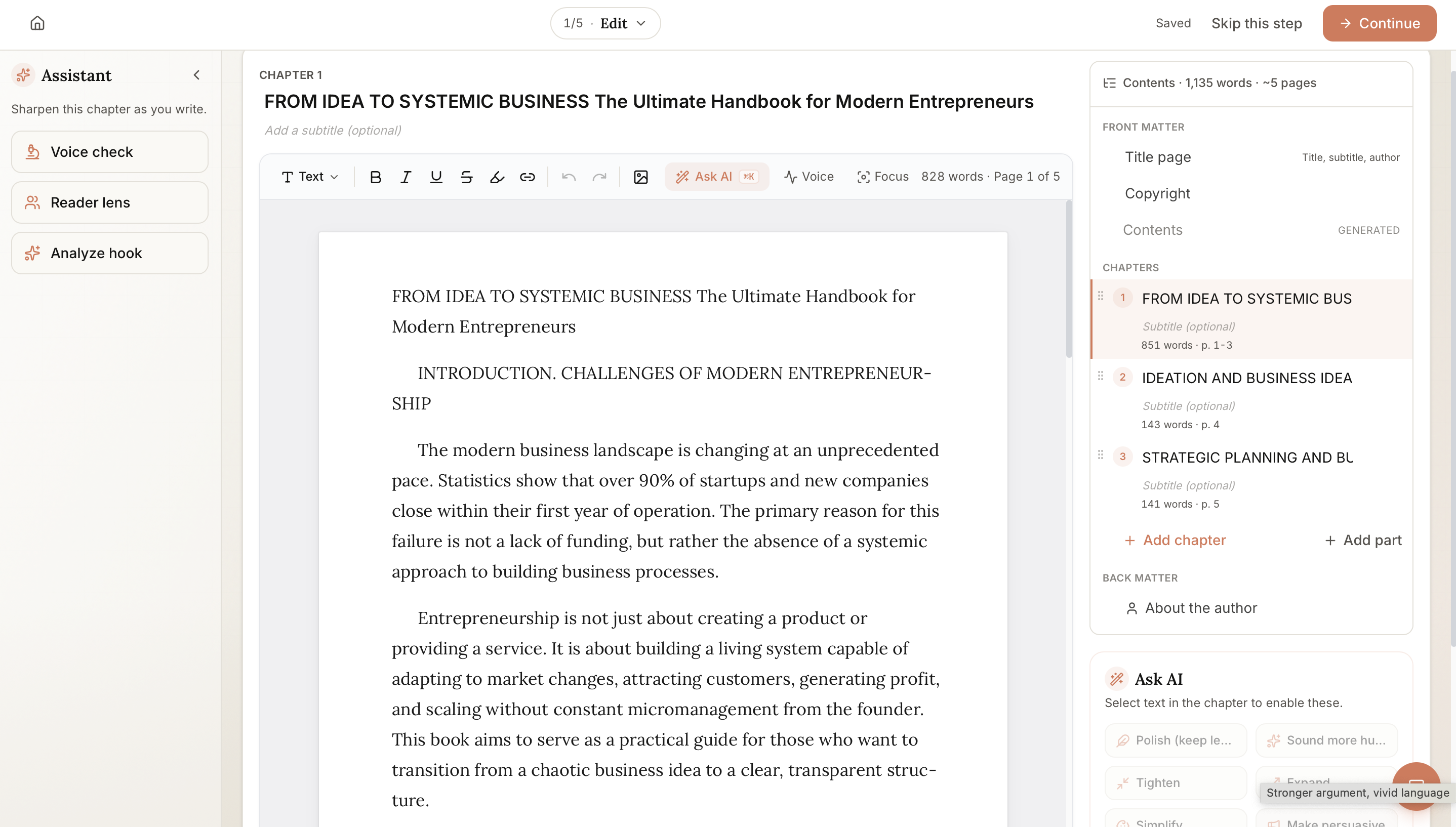 Wren's editor in Built&Written with a voice check on the left and one-click Ask AI edits on the right