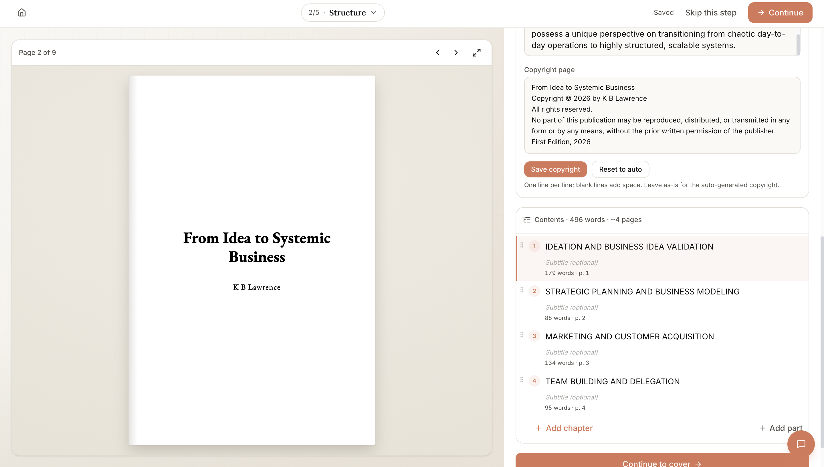 A finished, structured book in Built&Written with a real title page, copyright page, and table of contents