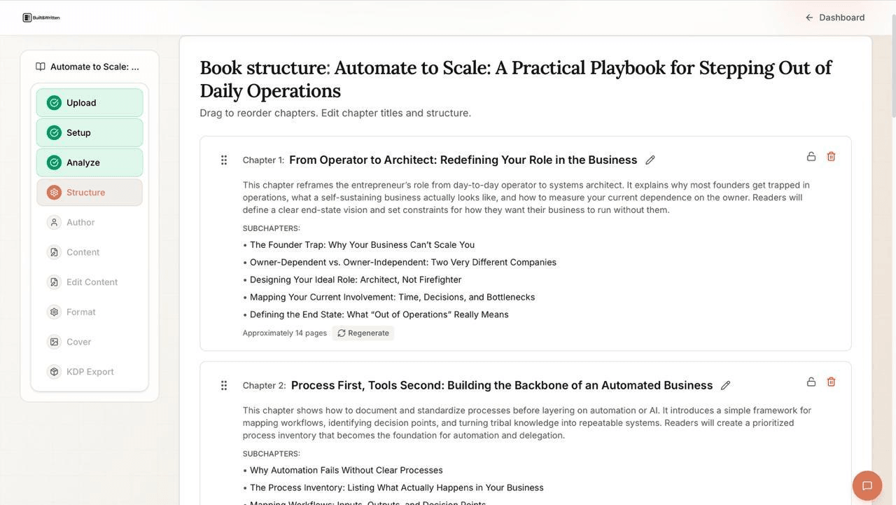 Built&Written book structure editor showing draggable chapters with subchapters for a business book