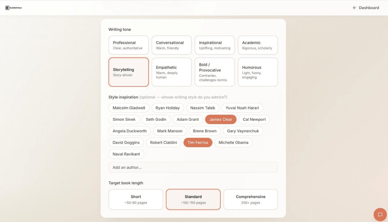 Built&Written writing tone and style inspiration screen with author style options and target book length