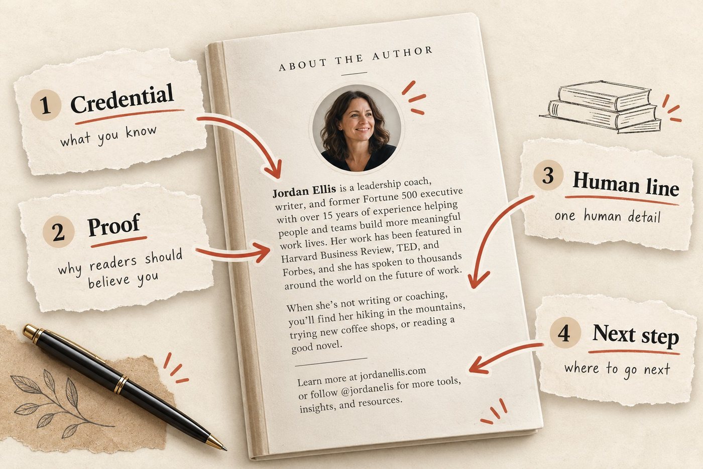 Illustration of a sample About the Author page for a fictional author, Jordan Ellis, with arrows from four labeled notes to its parts: 1 Credential, 2 Proof, 3 Human line, 4 Next step