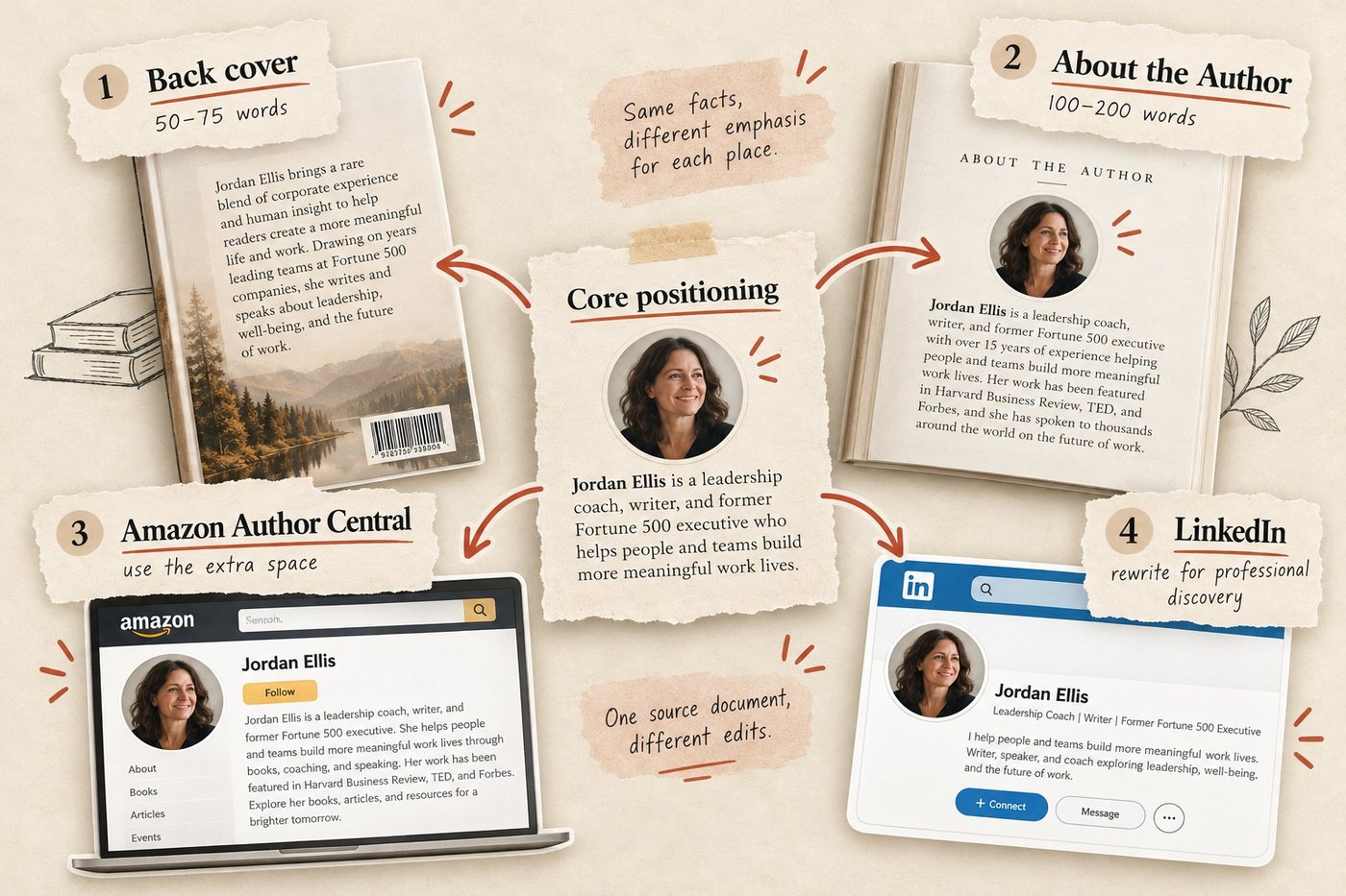 Illustration of one core positioning line for a fictional author, Jordan Ellis, adapted into a back cover bio (50 to 75 words), an About the Author page (100 to 200 words), an Amazon Author Central profile and a LinkedIn profile