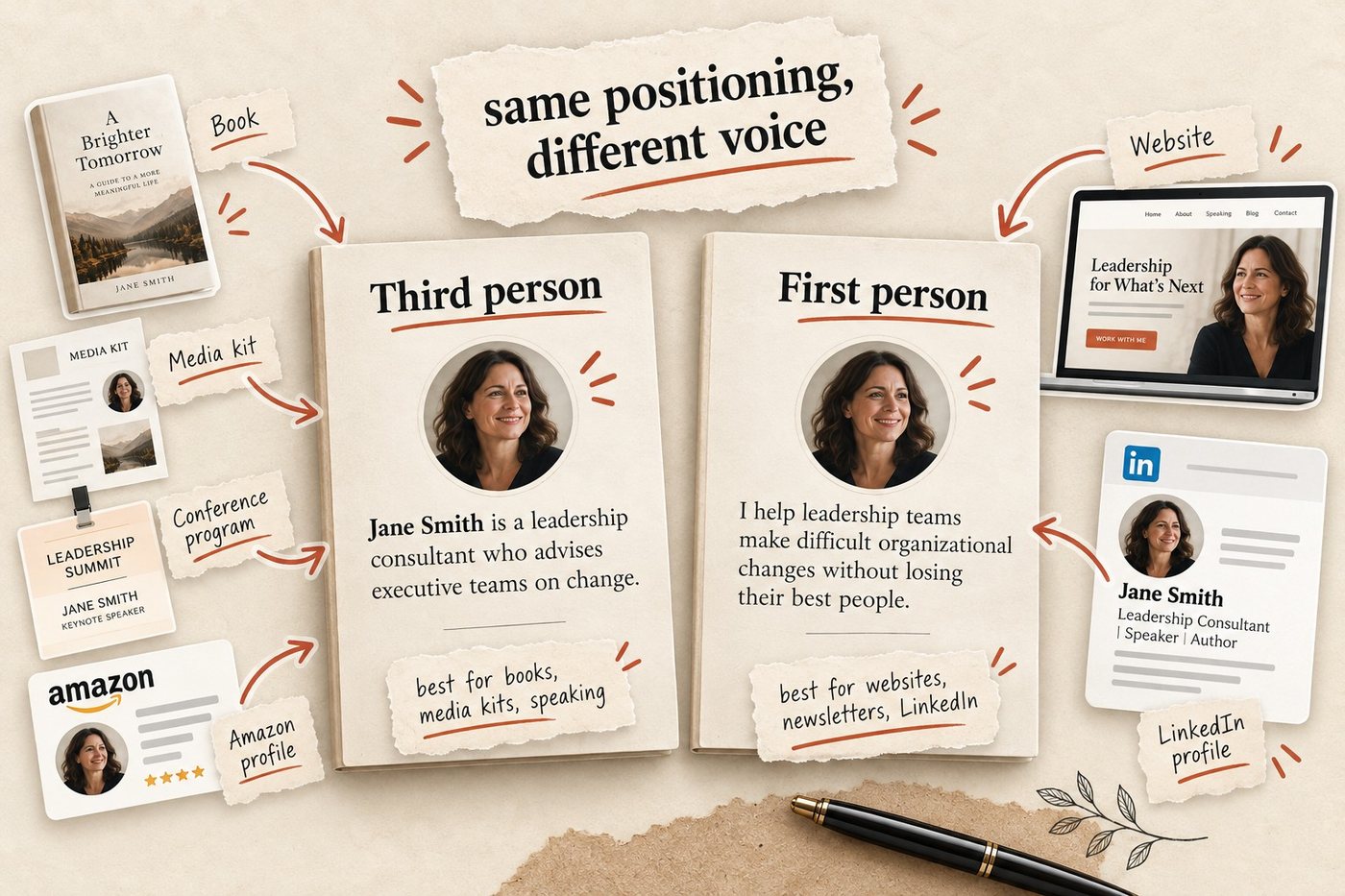 Illustration titled same positioning, different voice: a third-person bio for a fictional Jane Smith, best for books, media kits and speaking, beside a first-person version, best for websites, newsletters and LinkedIn