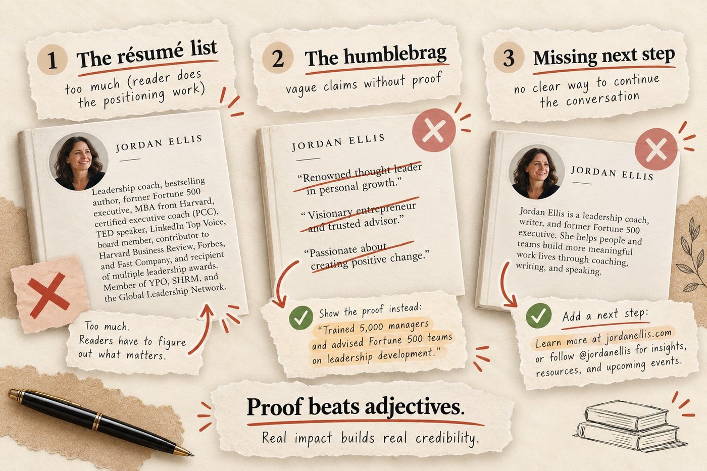 Illustration of three author bio mistakes shown on sample pages for a fictional Jordan Ellis: the résumé list, the humblebrag and a missing next step, plus the note Proof beats adjectives