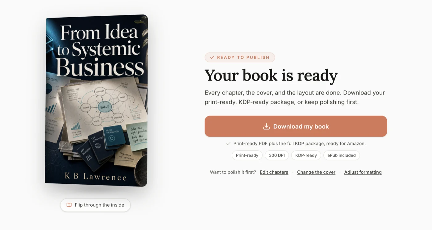 Built&Written ready-to-publish screen showing a finished business book cover beside a Download my book button, with print-ready, 300 DPI, KDP-ready, and ePub-included tags.