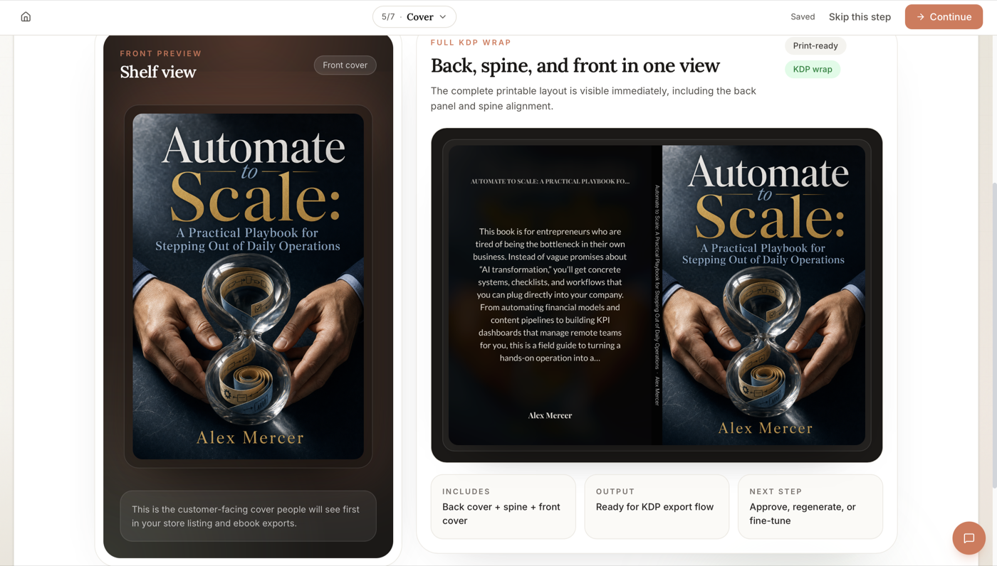 Built&Written cover step showing a front-cover shelf preview beside the full KDP wrap, with the back-panel blurb, spine, and front cover laid out in one view and tagged print-ready and KDP wrap.