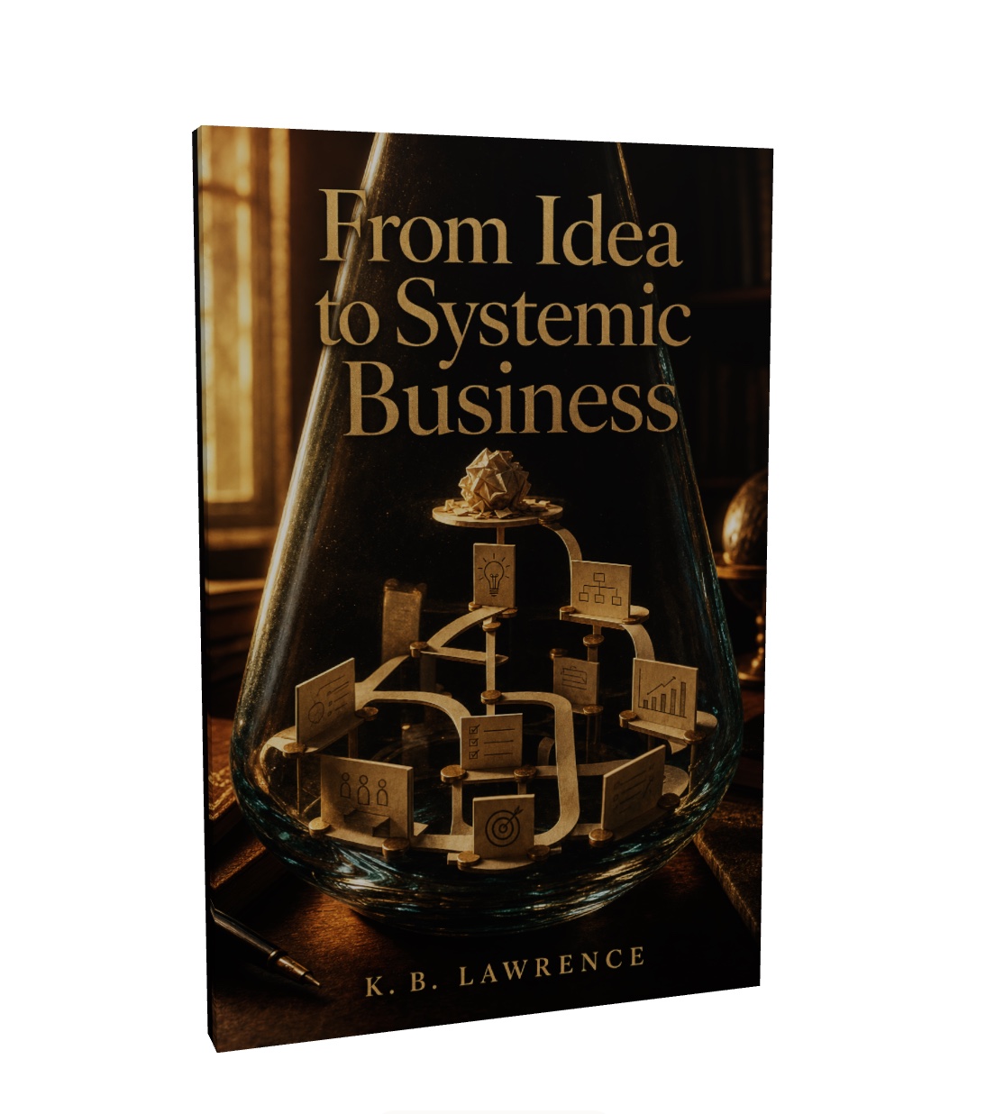 An original business book cover concept for From Idea to Systemic Business, showing a glass flask holding a miniature paper business system, generated and refined in Built&Written