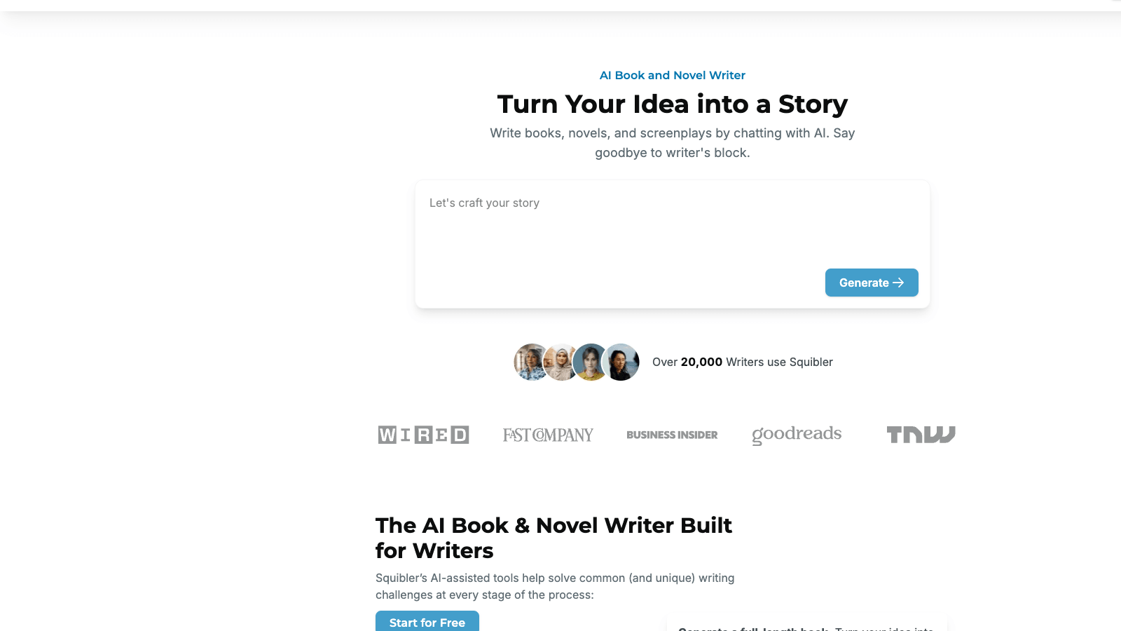 Squibler homepage: the AI book and novel writer, turn your idea into a story