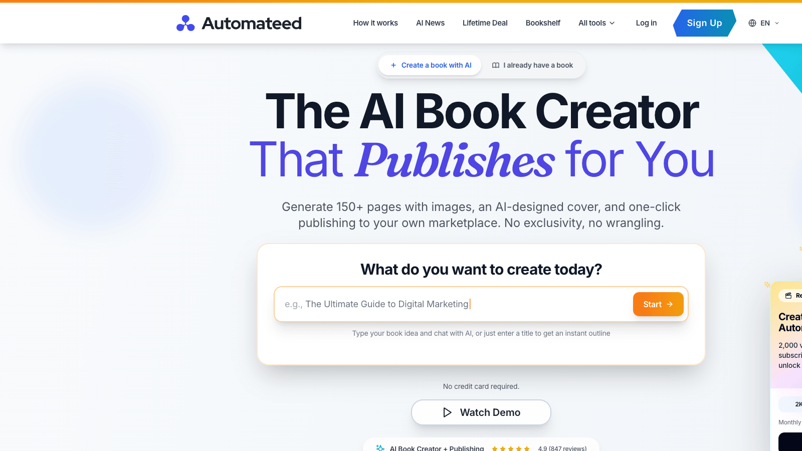 Automateed homepage: the AI book creator that publishes for you, generate 150-plus pages
