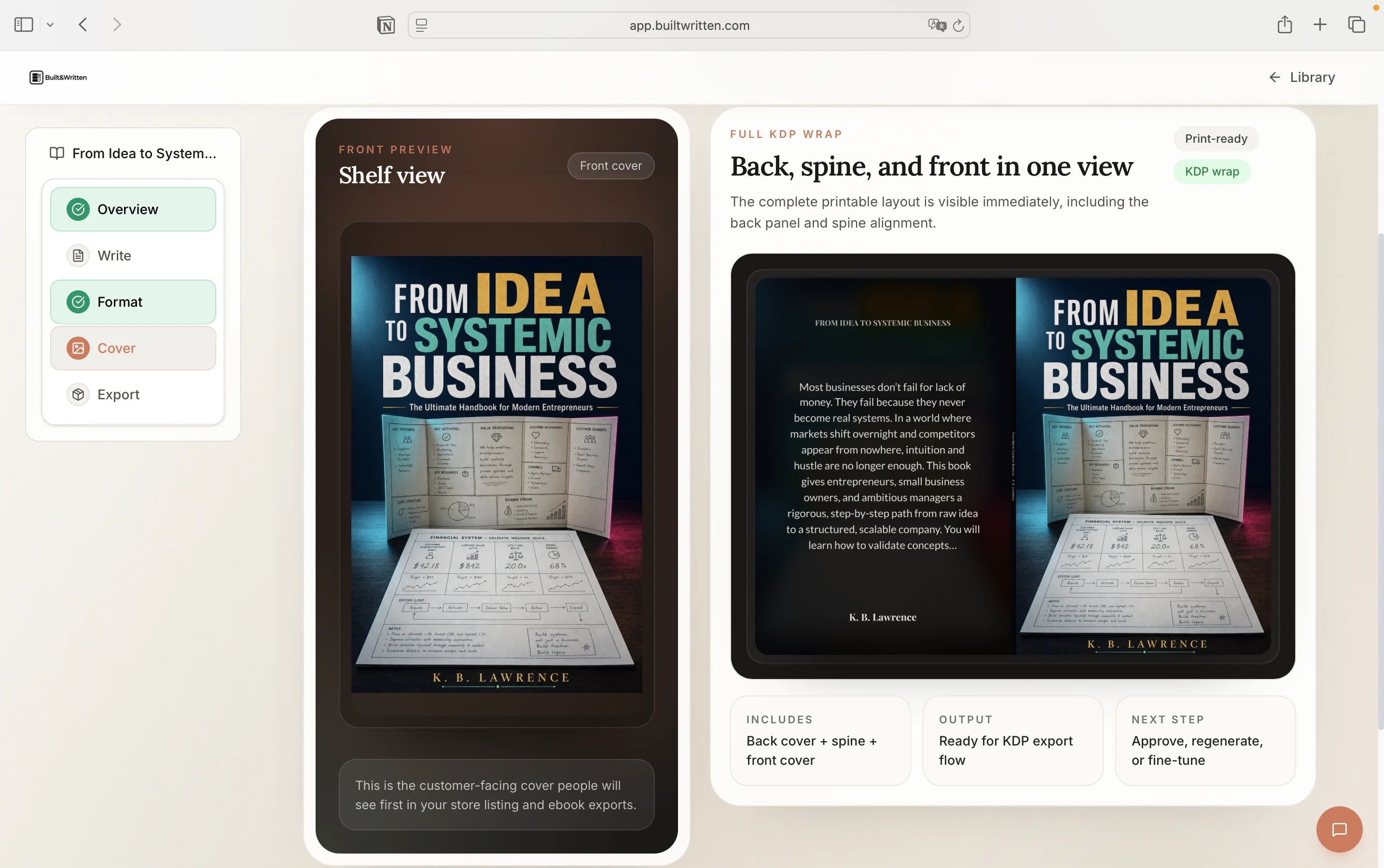 Wren's finished book view in Built&Written showing a publish-ready manuscript built from the author's track record