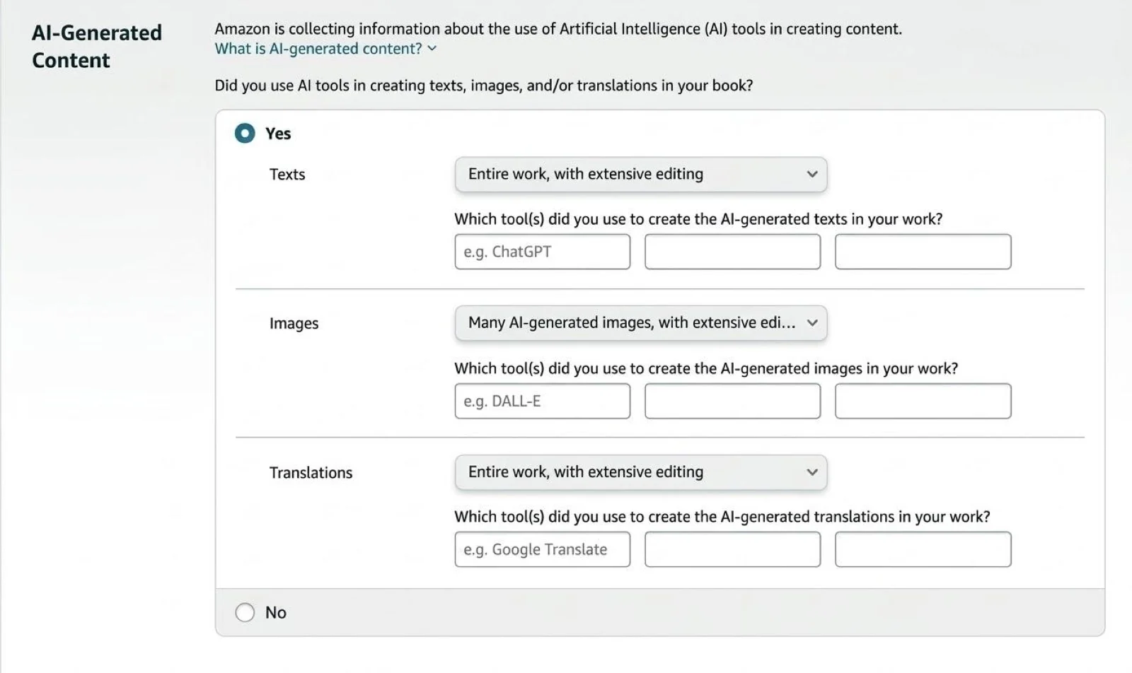 Amazon KDP publishing screen showing the AI content disclosure question an author answers at publish