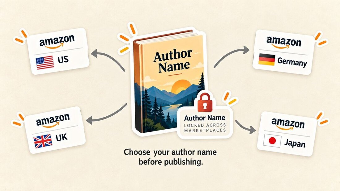 An author name in the center with a padlock, connected to Amazon marketplace cards for the US, UK, Germany, and Japan, showing the name locked across all of them.
