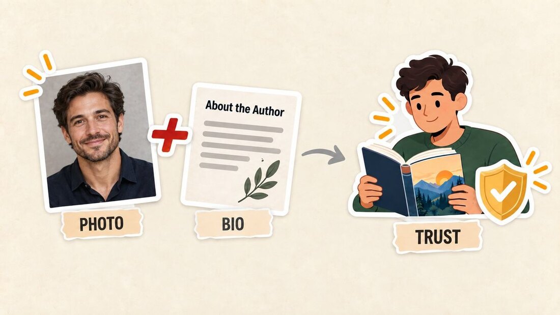 A headshot photo plus an about-the-author block combining into a reader holding a book with a trust badge, illustrating that photo and bio build reader trust.