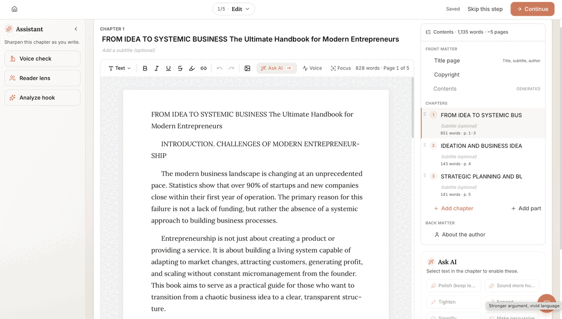 The Built&Written Wren editor showing voice check, reader lens, and hook analysis tools on the left, the manuscript in the center, and one-click Polish, Tighten, and Expand edits on the right.