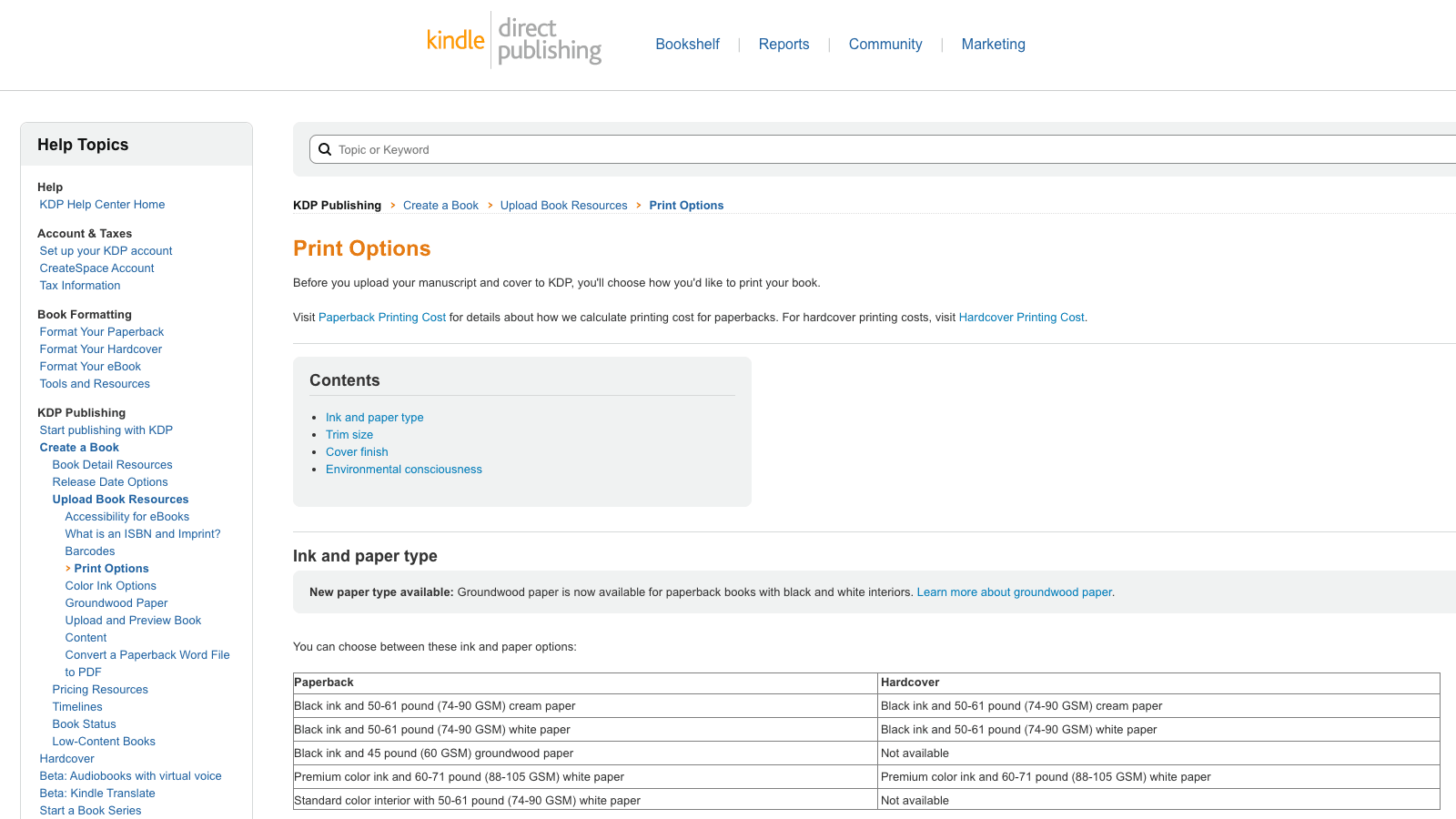 Amazon Kindle Direct Publishing help page showing paperback formatting and trim size requirements