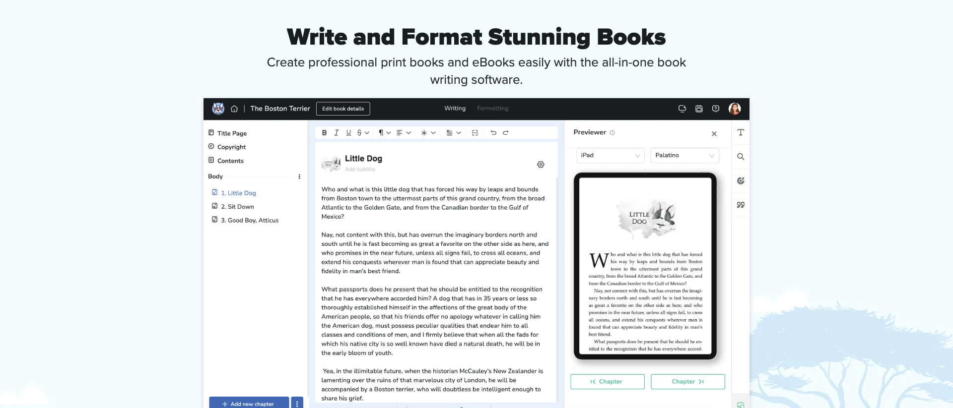 Atticus homepage describing it as an all-in-one book writing and formatting software for authors