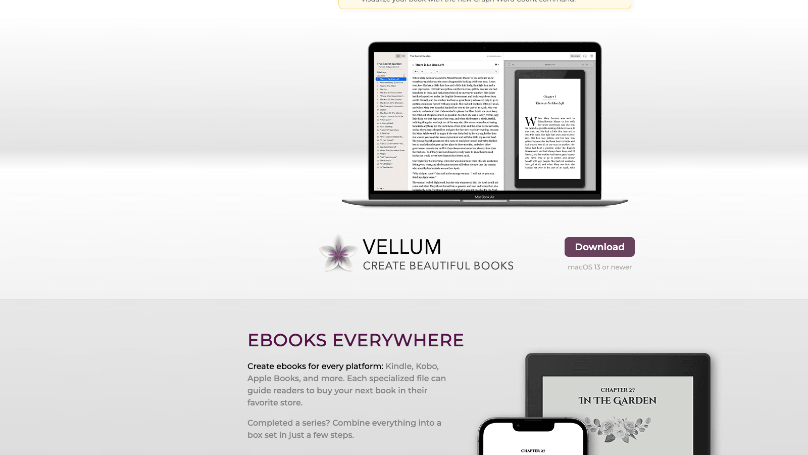 Vellum homepage with the tagline create beautiful books, showing its formatting-first positioning