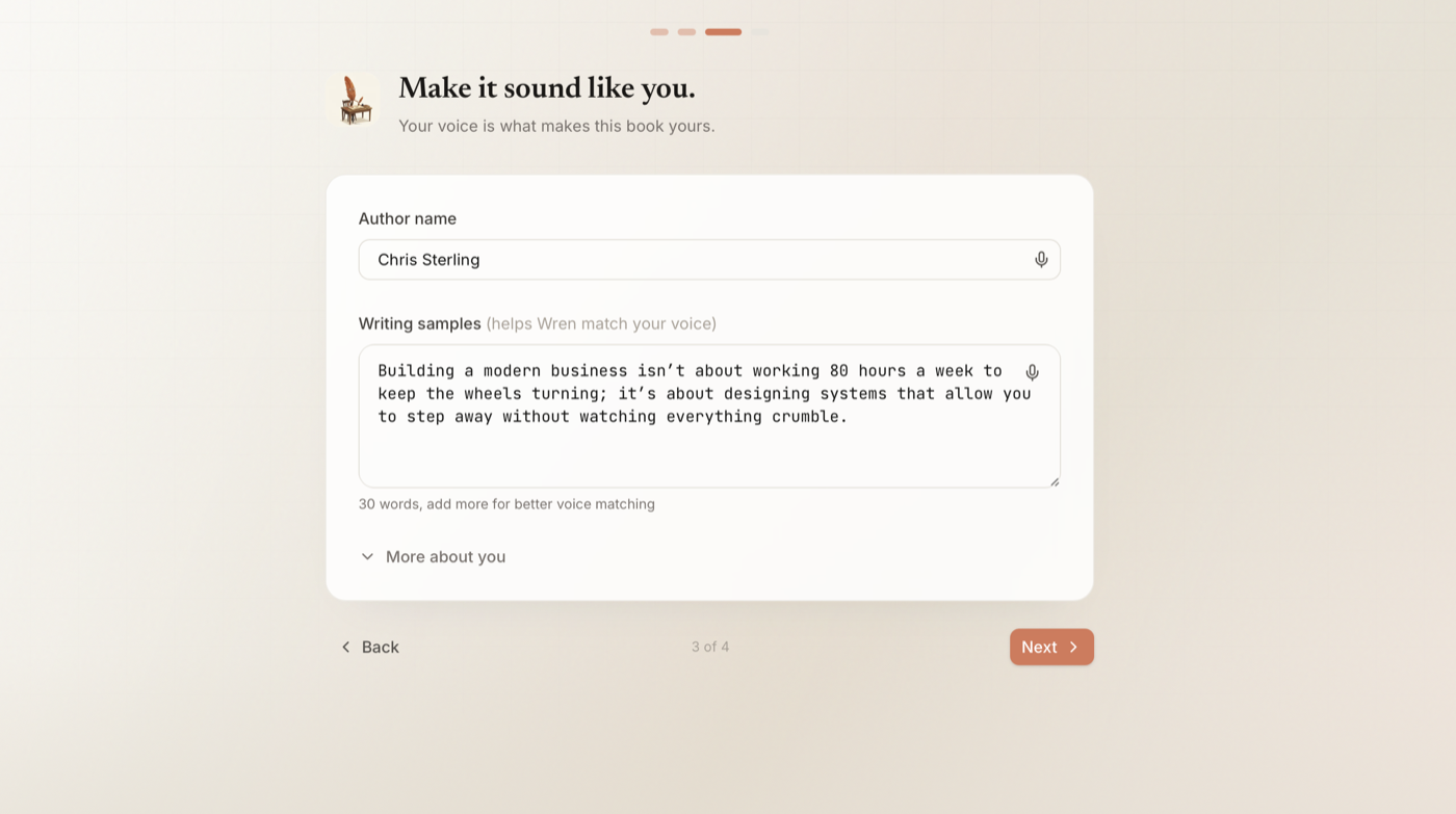 Wren's Make it sound like you step, showing an author name field and a Writing samples box where a sample paragraph has been pasted so Wren can match the author's voice.