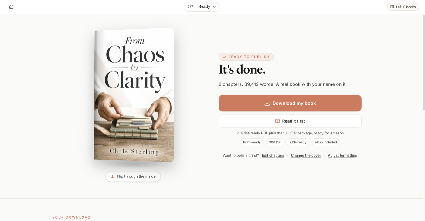 Wren's Ready step marked Ready to publish, showing a finished From Chaos to Clarity book cover, a word count, a Download my book button, and badges reading Print-ready, 300 DPI, KDP-ready, and ePub included.