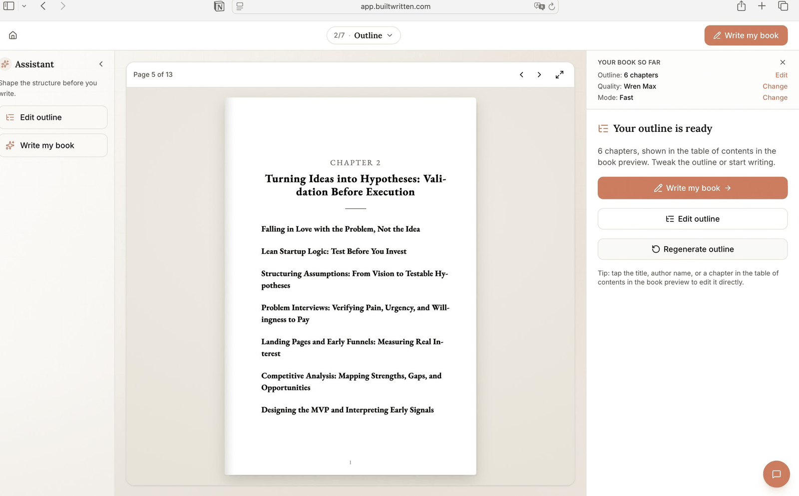 Built&Written outline step in a browser: a book preview page for Chapter 2, Turning Ideas into Hypotheses: Validation Before Execution, beside a Your outline is ready panel with Write my book, Edit outline and Regenerate outline buttons