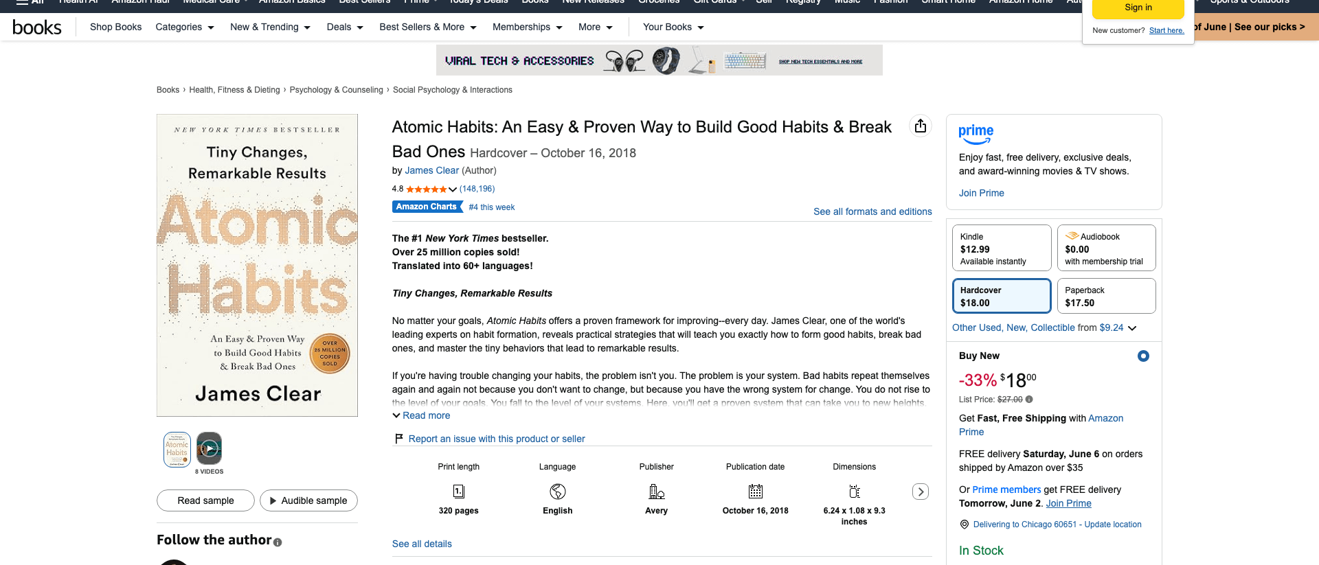 Amazon listing for Atomic Habits by James Clear, the canonical example of thought leadership content that compounded into a book and then into citable authority