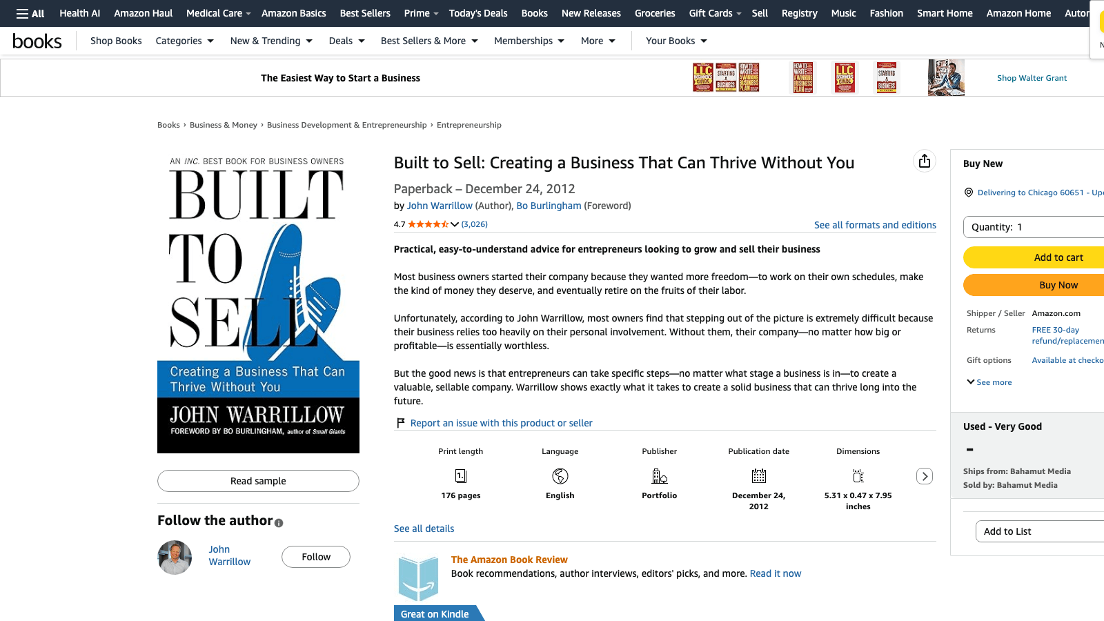 Amazon listing for Built to Sell by John Warrillow, showing the long-tail compounding value of a thought leadership book years after publication