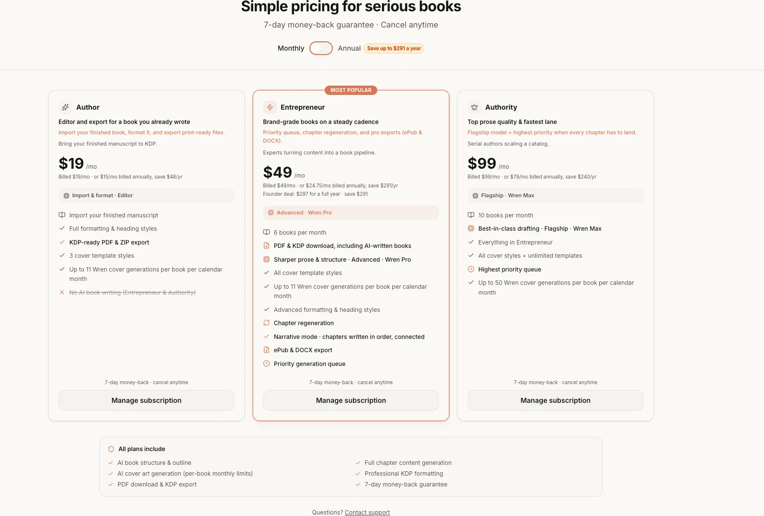 Built&Written pricing showing the Author, Entrepreneur, and Authority plans