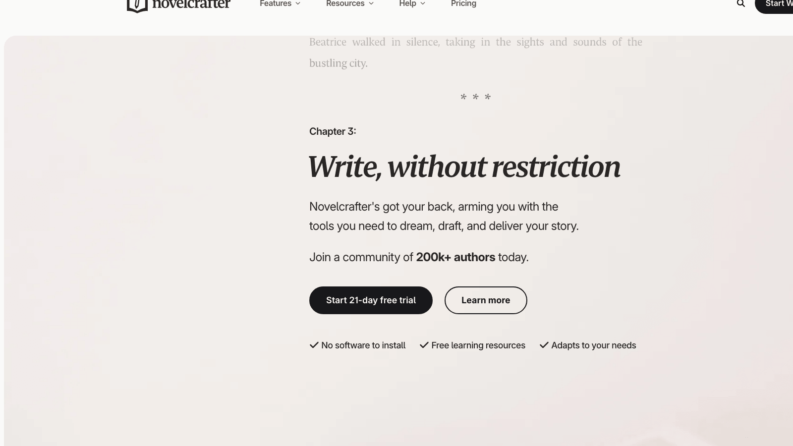 NovelCrafter homepage with the headline Write, without restriction and a 21-day free trial button