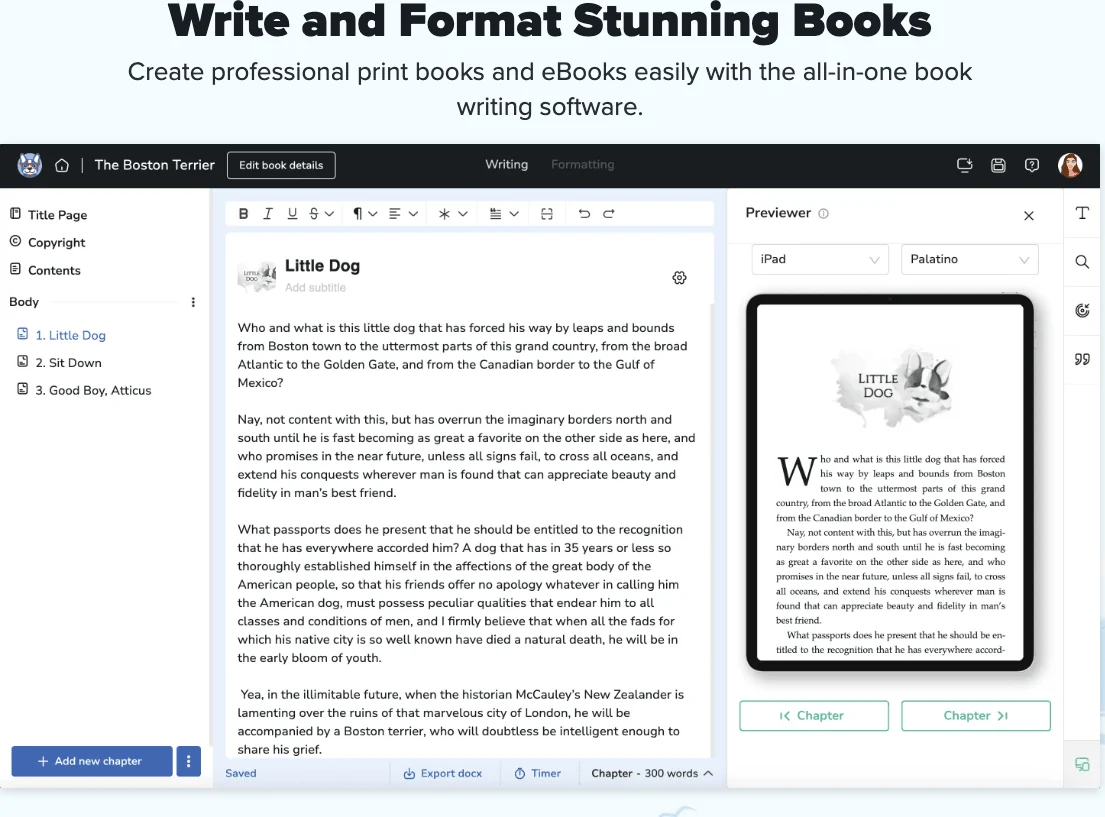 Atticus book formatting software showing a manuscript editor on the left and a live device preview on the right