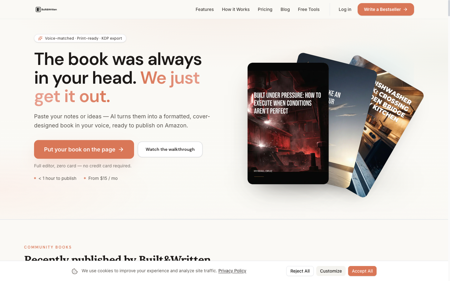 Built&Written homepage: turn your existing content into a KDP-ready coaching book