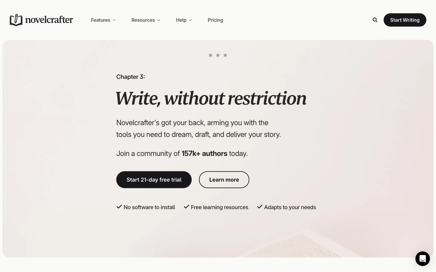 Novelcrafter homepage: novel writing software for 157k+ authors