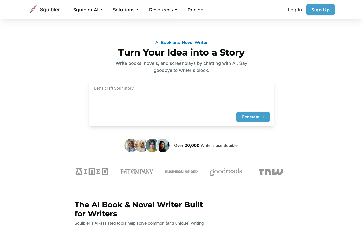 Squibler homepage: AI book and novel writer