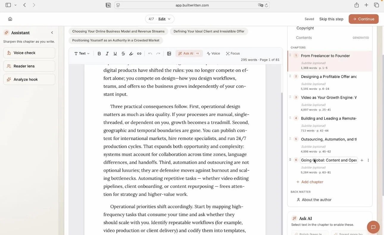 Wren's chapter editor in Built&Written running voice, reader and hook checks on a chapter before it ships